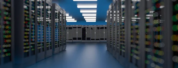 Centro de datos de la sala de servidores. Copia de seguridad, hosting, mainframe, granja y rack de computadoras con información de almacenamiento . — Foto de Stock