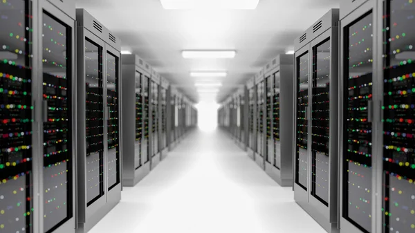 Server room data center. Backup, hosting, mainframe, farm and computer rack with storage information. — Stock Photo, Image