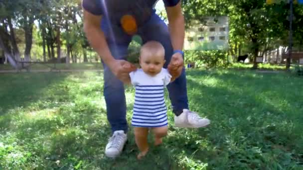 Małe dziecko uczy się chodzić. Pierwsze kroki. Rodzice uczą swoje dziecko robić pierwsze kroki na zielonej trawie latem. Szczęśliwego dzieciństwa i koncepcji rodzicielstwa. Miłość rodzinna — Wideo stockowe