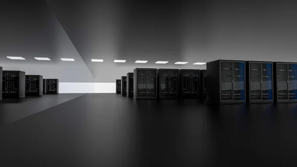 Server racks in server room cloud data center. Datacenter hardware cluster. Backup, hosting, mainframe, farm and computer rack with storage information. 3D rendering. 3D illustration