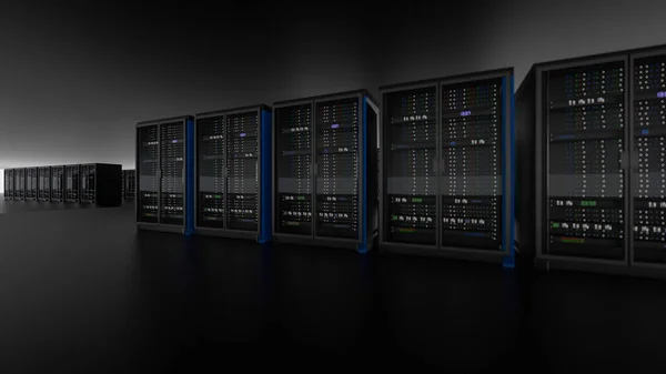 Server racks in server room cloud data center. Datacenter hardware cluster. Backup, hosting, mainframe, farm and computer rack with storage information. 3D rendering. 3D illustration
