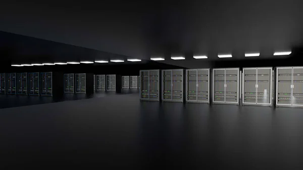 服务器架在服务器机房云端数据中心 Datacenter硬件集群 农场和计算机机架与存储信息 3D渲染 3D插图 — 图库照片