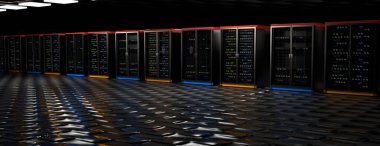 Sunucu odasında bulut veri merkezinde raflar var. Veri tabanı donanım kümesi. Yedek, sunucu, ana bilgisayar, madencilik, çiftlik ve bilgisayar rafları. 3 boyutlu görüntüleme. 3B illüstrasyon