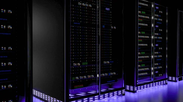 Server racks in server room cloud data center. Datacenter hardware cluster. Backup, hosting, mainframe, mining, farm and computer rack with storage information. 3D rendering. 3D illustration