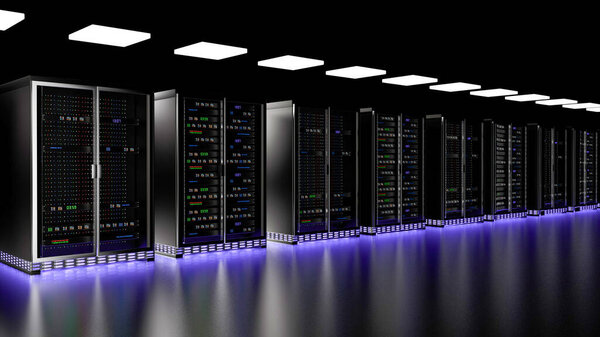 Server racks in server room cloud data center. Datacenter hardware cluster. Backup, hosting, mainframe, mining, farm and computer rack with storage information. 3D rendering. 3D illustration