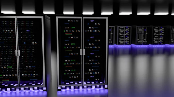 サーバールームクラウドデータセンター内のサーバーラック データセンターのハードウェアクラスタ バックアップ ホスティング メインフレーム ストレージ情報を持つコンピュータラック 3Dレンダリング 3Dイラスト — ストック写真