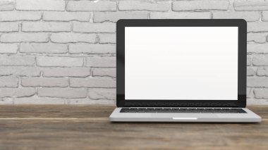 Çalışma masası önünde dizüstü bilgisayar beyaz ekranı. Kopyalama. 3d illüstrasyon