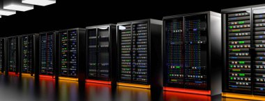 Sunucu odasında bulut veri merkezinde raflar var. Veri tabanı donanım kümesi. Yedek, sunucu, ana bilgisayar, madencilik, çiftlik ve bilgisayar rafları. 3 boyutlu görüntüleme. 3B illüstrasyon