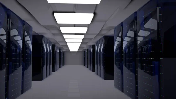 侍应生服务器架在服务器云端数据中心 Datacenter硬件集群 农场和计算机机架与存储信息 3D渲染 3D插图 — 图库照片