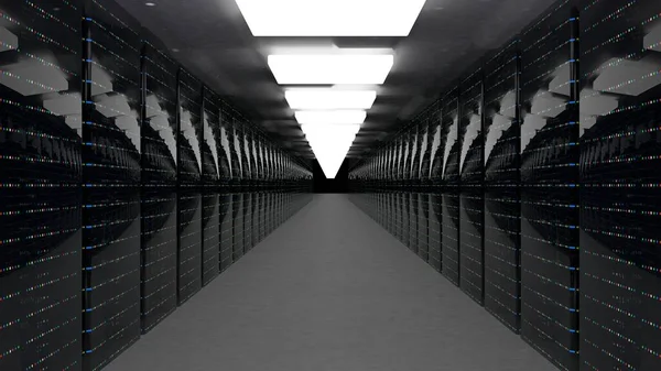 Servers. Server racks in server cloud data center. Datacenter hardware cluster. Backup, hosting, mainframe, farm and computer rack with storage information. 3D rendering. 3D illustration