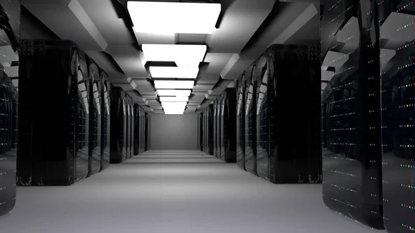 Servers. Server racks in server cloud data center. Datacenter hardware cluster. Backup, hosting, mainframe, farm and computer rack with storage information. 3D rendering. 3D illustration