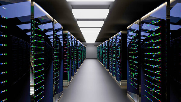 Server racks in server room cloud data center. Datacenter hardware cluster. Backup, hosting, mainframe, mining, farm and computer rack with storage information. 3D rendering. 3D illustration