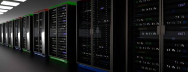 Sunucu odasında bulut veri merkezinde raflar var. Veri tabanı donanım kümesi. Yedek, sunucu, ana bilgisayar, madencilik, çiftlik ve bilgisayar rafları. 3 boyutlu görüntüleme. 3B illüstrasyon