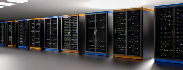 Server racks in server room cloud data center. Datacenter hardware cluster. Backup, hosting, mainframe, mining, farm and computer rack with storage information. 3D rendering. 3D illustration