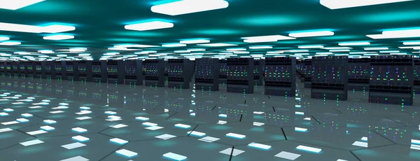 服务器架在服务器机房云端数据中心 Datacenter硬件集群 带有存储信息的备份 农场和计算机机架 3D渲染 3D插图 — 图库照片