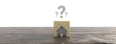 Ahşap masa üzerinde soru işaretleri olan Ahşap Ev Modeli ve metin için bedava fotokopi alanı. 3d illüstrasyon