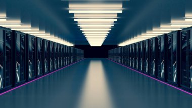 Sunucu odasında bulut veri merkezinde raflar var. Veri tabanı donanım kümesi. Yedek, sunucu, ana bilgisayar, madencilik, çiftlik ve bilgisayar rafları. 3 boyutlu görüntüleme. 3B illüstrasyon