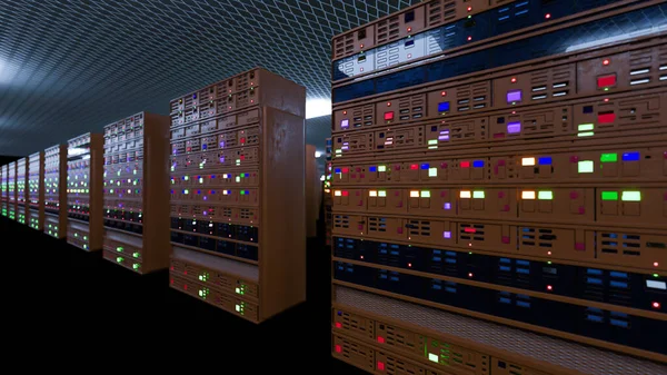 Server racks in server room cloud data center. Datacenter hardware cluster. Backup, hosting, mainframe, mining, farm and computer rack with storage information. 3D rendering. 3D illustration