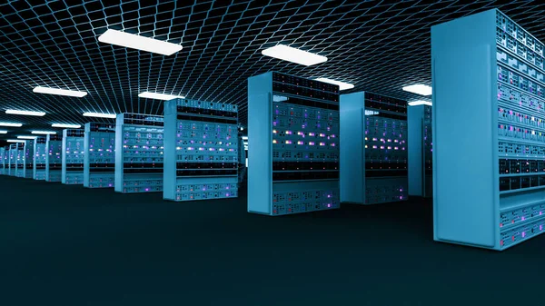 服务器架在服务器机房云端数据中心 Datacenter硬件集群 带有存储信息的备份 农场和计算机机架 3D渲染 3D插图 — 图库照片