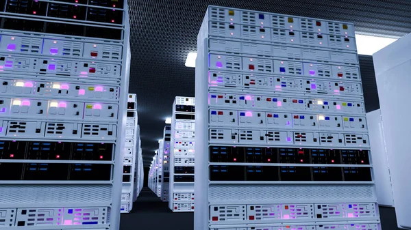 サーバールームクラウドデータセンター内のサーバーラック データセンターのハードウェアクラスタ バックアップ ホスティング メインフレーム ストレージ情報を持つコンピュータラック 3Dレンダリング 3Dイラスト — ストック写真