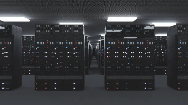 Server racks in server room cloud data center. Datacenter hardware cluster. Backup, hosting, mainframe, mining, farm and computer rack with storage information. 3D rendering. 3D illustration