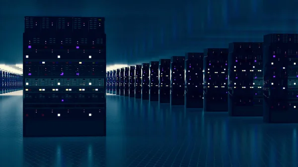 클라우드 데이터 센터의 Datacenter 하드웨어 클러스터 호스팅 메인프레임 컴퓨터 선반에 — 스톡 사진