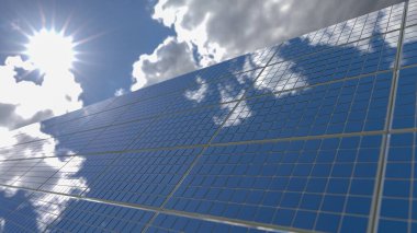 Solar panel background of photovoltaic modules for renewable energy. Clouds and blue sky in mirror. Alternative electricity source - selective focus, copy space 3d rendering. 3d illustration