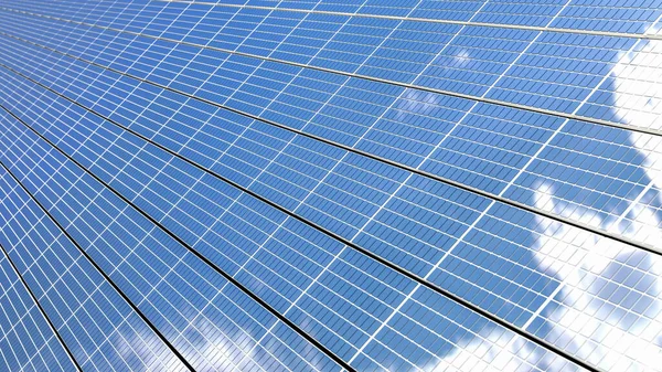 Pozadí Solárních Panelů Fotovoltaických Modulů Pro Obnovitelnou Energii Mraky Modrá — Stock fotografie