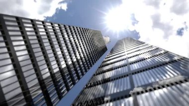 Cam bina gökdelen şehrinin çelik açık mavisi manzarası. İş konsepti. Şehir merkezindeki zaman atlaması manzarası, finans bölgesindeki ofis binasına bakmak. 3d oluşturma