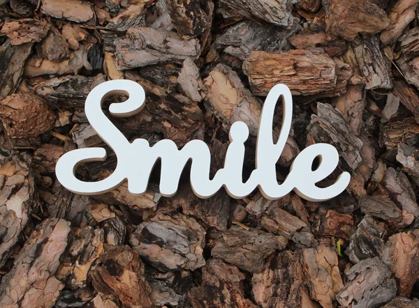 White Positive Lettering Inscription Smile Background Wood Bark — Stock Photo, Image