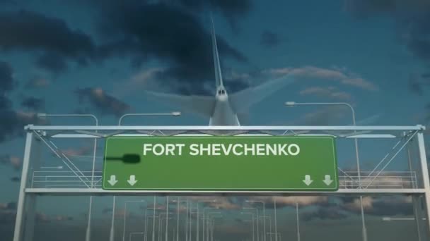 Samolot lądujący w Fort Szewczenko Kazachstan — Wideo stockowe