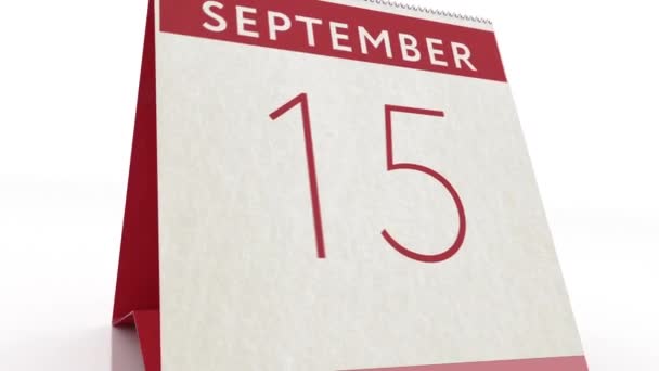 Tanggal 16 September. kalender berubah menjadi animasi 16 September — Stok Video