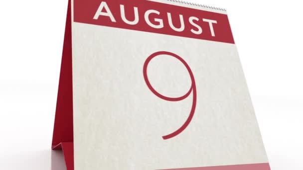 Tanggal 10 Agustus. kalender berubah menjadi animasi 10 Agustus — Stok Video