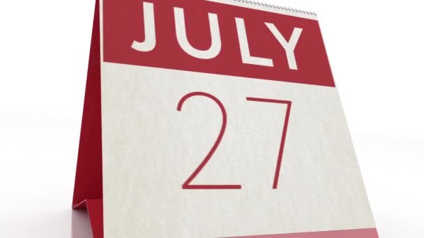 Tanggal 28 Juli. kalender berubah menjadi 28 Juli animasi — Stok Video