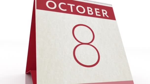 Fecha 9 de octubre. cambio de calendario a animación del 9 de octubre — Vídeo de stock