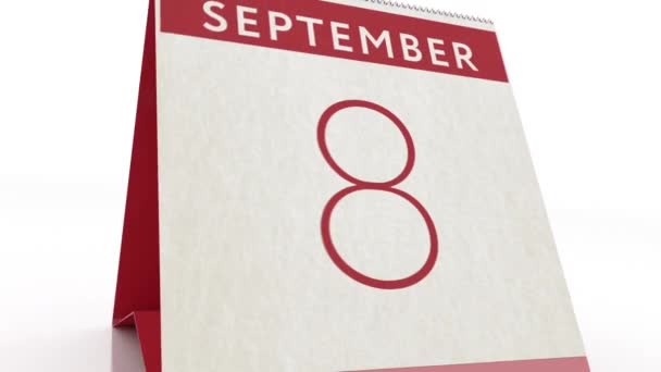 Datum van 9 september. kalender wijzigen naar 9 september animatie — Stockvideo