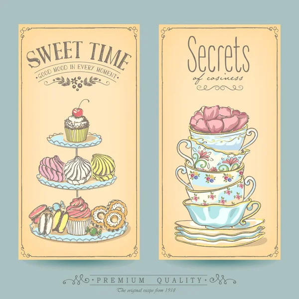 Kaart Collectie Gebakjes Thee Vintage Posters Van Bakkerij Snoepwinkel Koffiehuis — Stockvector