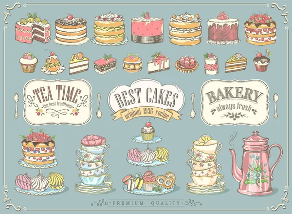 手绘的甜食成分 大系列糕点和茶具配件 手绘的复古海报 — 图库矢量图片