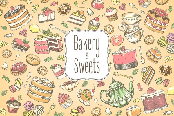 Kézzel Rajzolt Sor Édes Élelmiszer Összetevőként Nagy Gyűjtemény Süteményeket Tea — Stock Vector