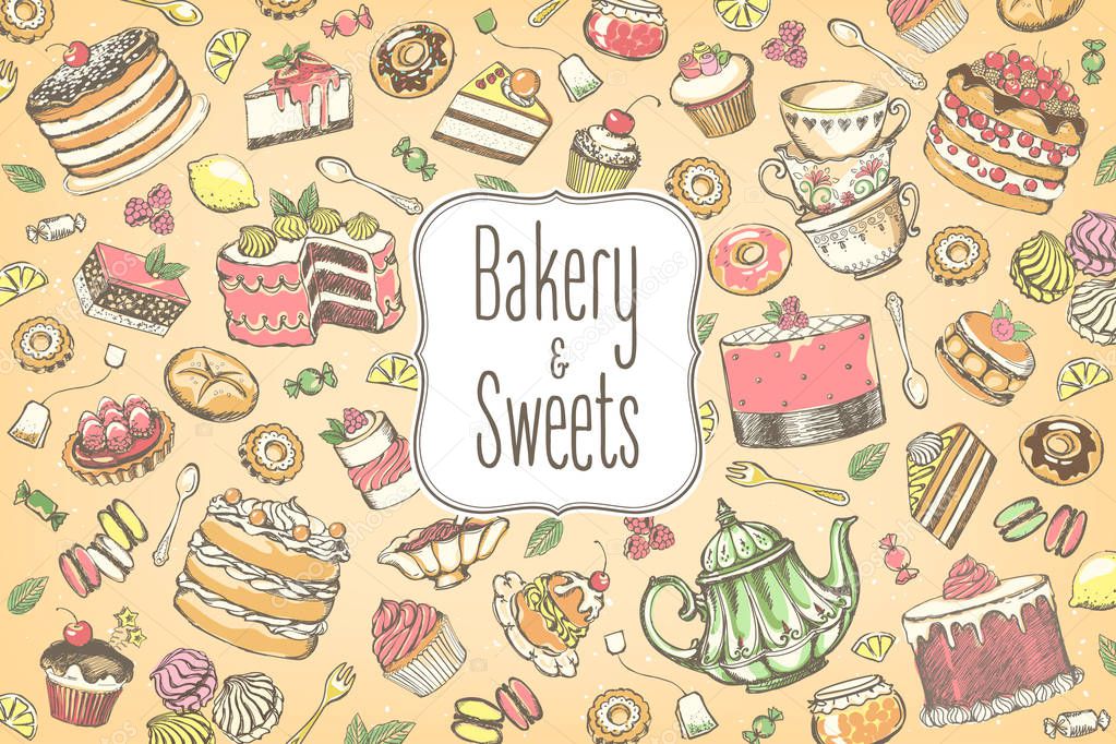 Hand drawn set of sweet food ingredient. Big collection pastries and tea accessories. Vintage posters with freehand drawing, sketch