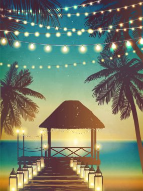 Dekoratif tatil ışıklar. Arka planda beach tarzı