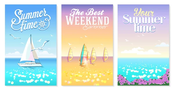 Summer set of posters. Seascapes with bay, yacht and windsurfers — Stock Vector