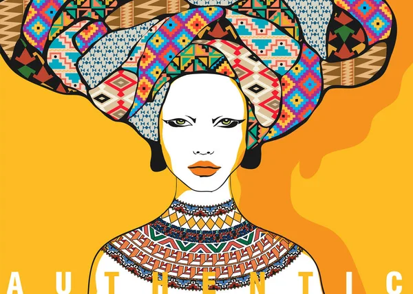 Koncepcyjny modny ilustracji. Kobieta portret w stylu etnicznym. Sztuka graficzna — Wektor stockowy