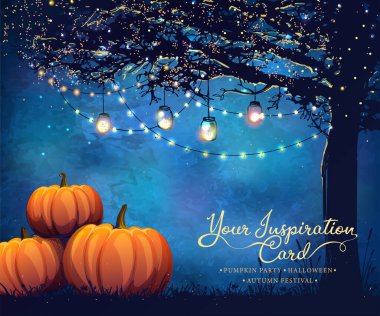 Bayram ampulleri ve parti için balkabaklarıyla sonbahar posteri, cadılar bayramı veya festival.