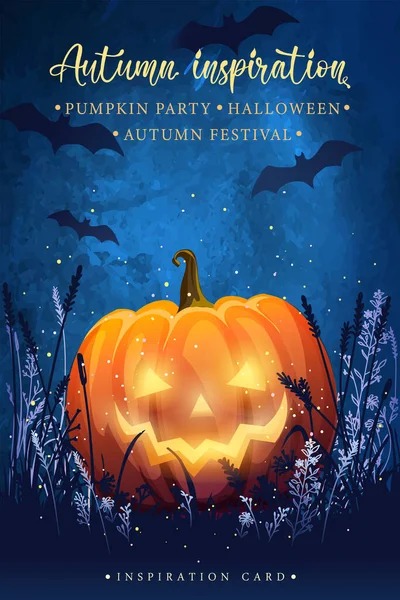 Halloween Fairytale Poster Pumpkin Background Night Sky Party Invitation — Stock Vector
