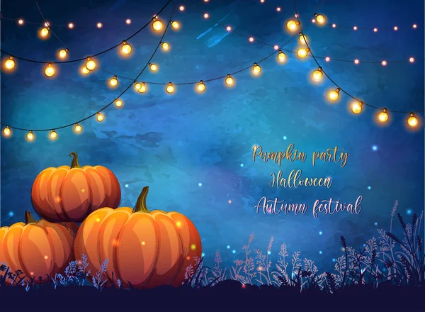 Autumn Poster Holiday Bulbs Pumpkins Party Halloween Festival — Stock Vector