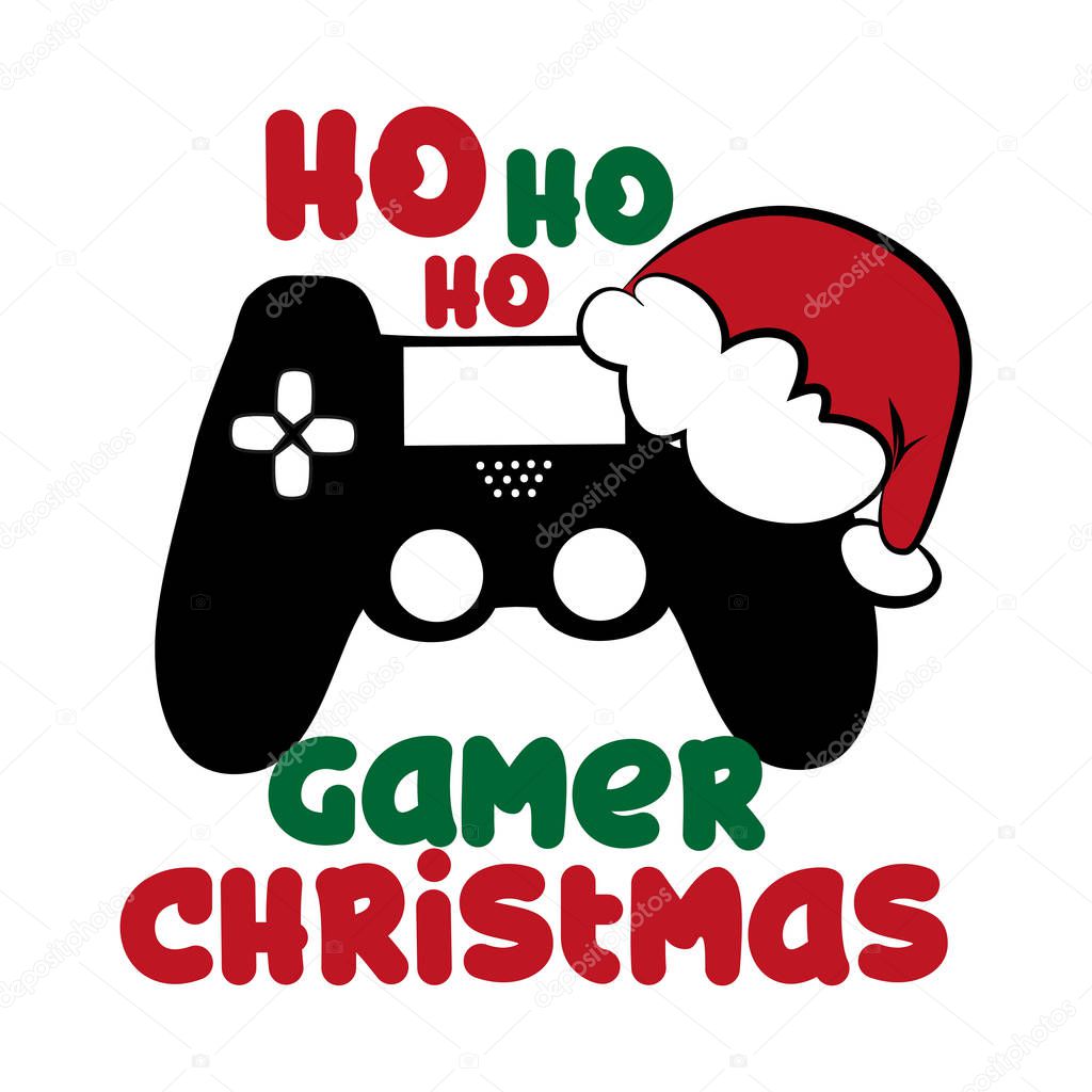 Gamer Christmas funny text with controller, and Santa's cap. Good for textile, t-shirt, banner ,poster, print on gift.