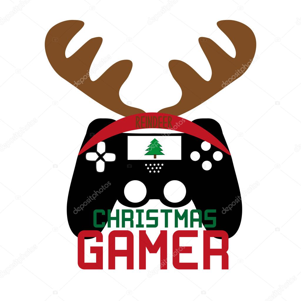 Christmas gamer- text and cute controller, with reindeer antler. Good for textile, t-shirt, banner ,poster, print on gift.