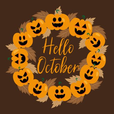 Merhaba Ekim el yazısı, ve sonbahar yapraklı balkabağı çelengi, basım için iyi arka plan, posterler, broşürler, tişörtler, kartlar, davetiyeler, çıkartmalar, afişler.