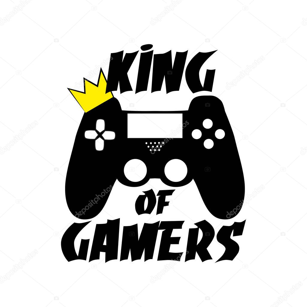 King of gamers - funny text with crown on controller.  Good for textile, t-shirt, banner ,poster, print on gift.